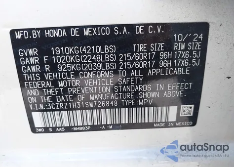 2025 Honda Hr-V 2Wd Lx z USA, uszkodzony, nr VIN 3CZRZ1H31SM726848